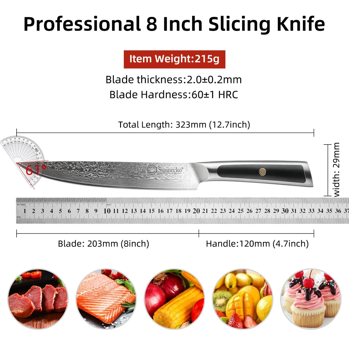 Sunnecko 8" Damascus Steel Slicing Knife – VG10 Core, HRC 60+