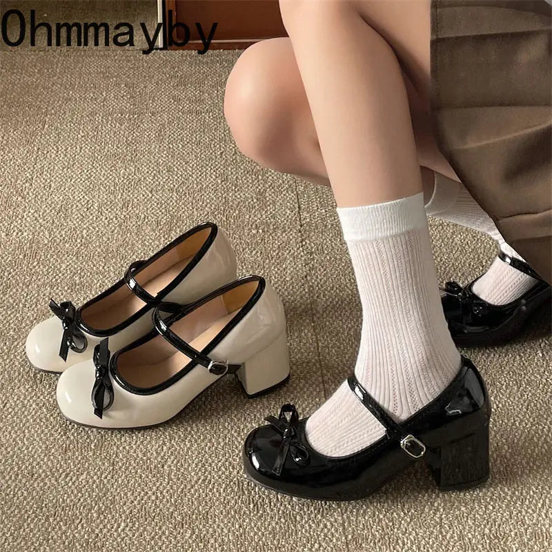 Women's Mary Jane Block Heel Pumps – Buckle Butterfly-Knot