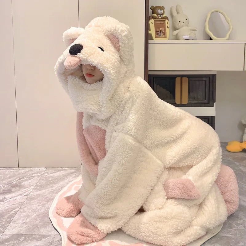 Cute Dog Cartoon Women's Fleece Hooded Pajama Set | Warm & Cozy
