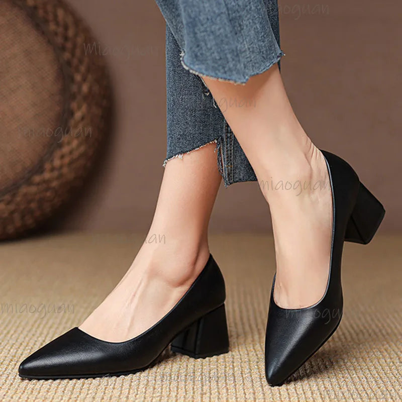 Women's Pointed Toe Block Heel Pumps – Office Slip-On Shoes