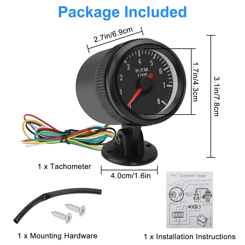 52mm Analog Tachometer RPM Gauge 0–8000 RPM White LED | Petrol Car