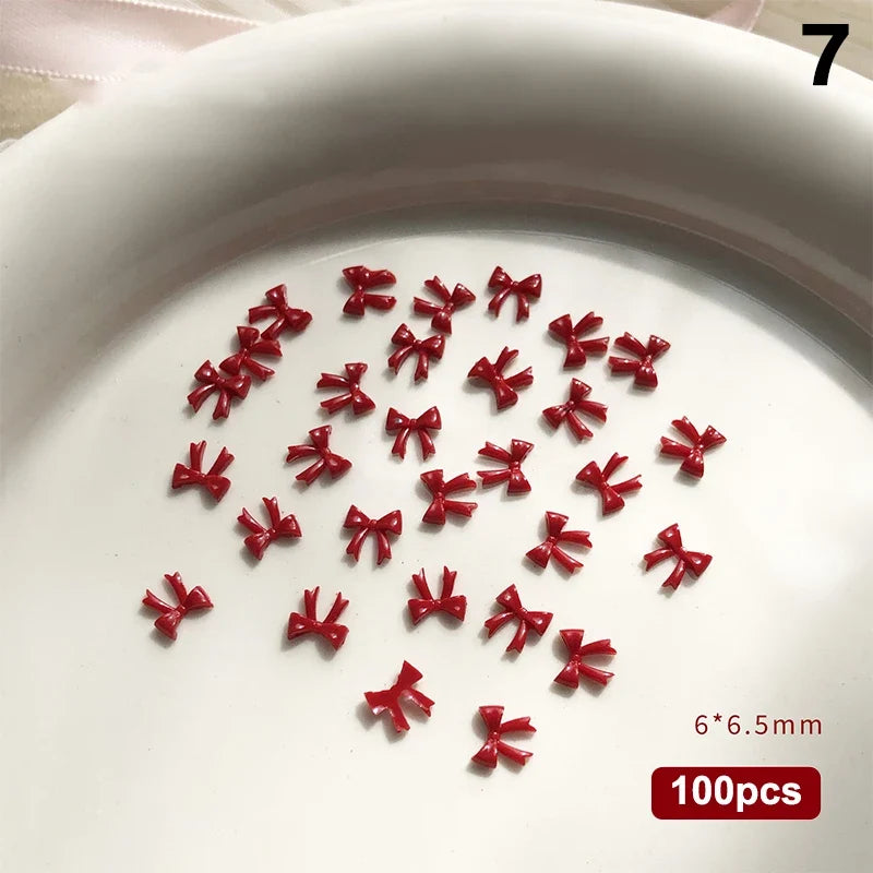 100pcs 3D Red Bow Nail Charms | Kawaii Resin Nail Art Decor
