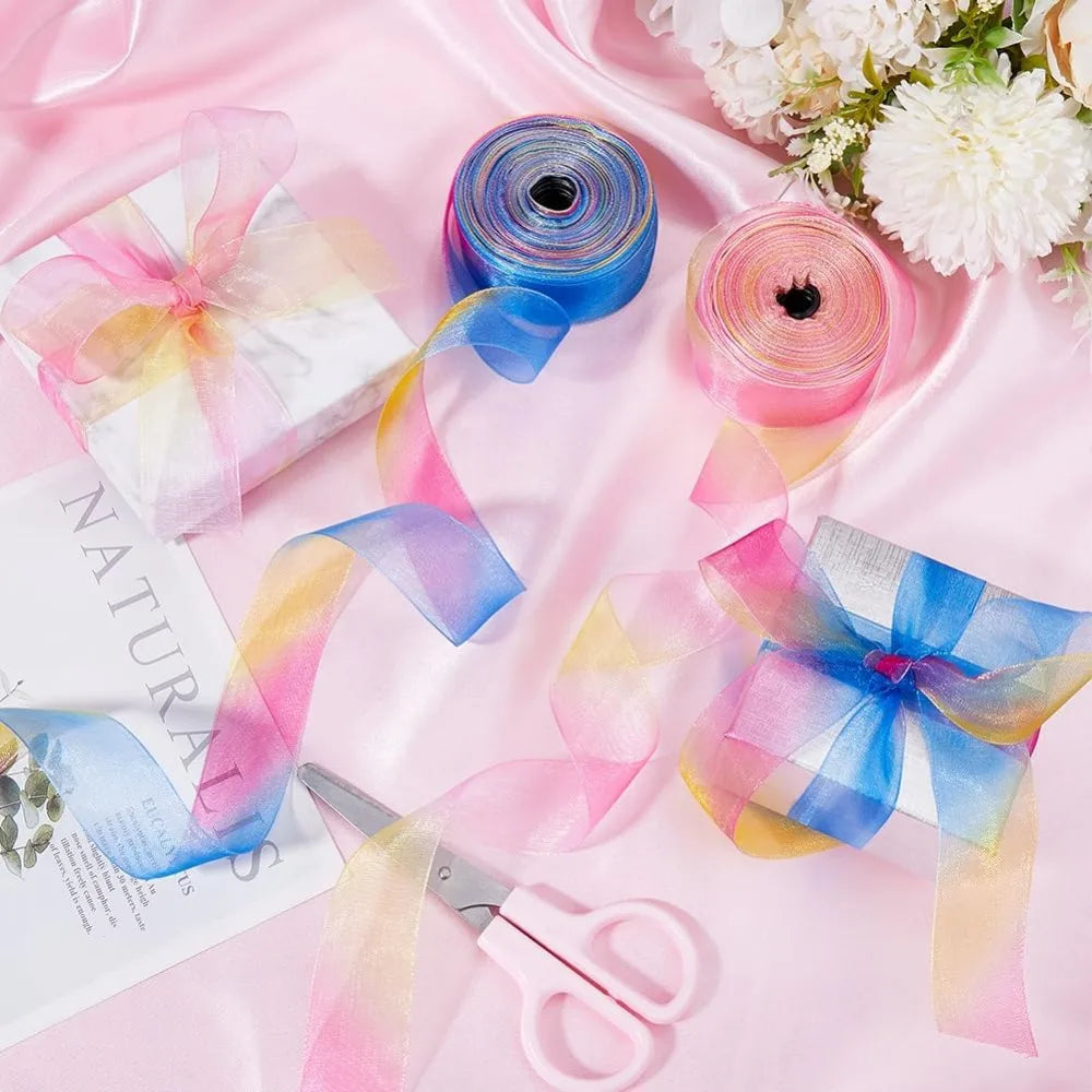 Rainbow Organza Ribbon 2 Rolls – 1 Inch x 50 Yards Sheer