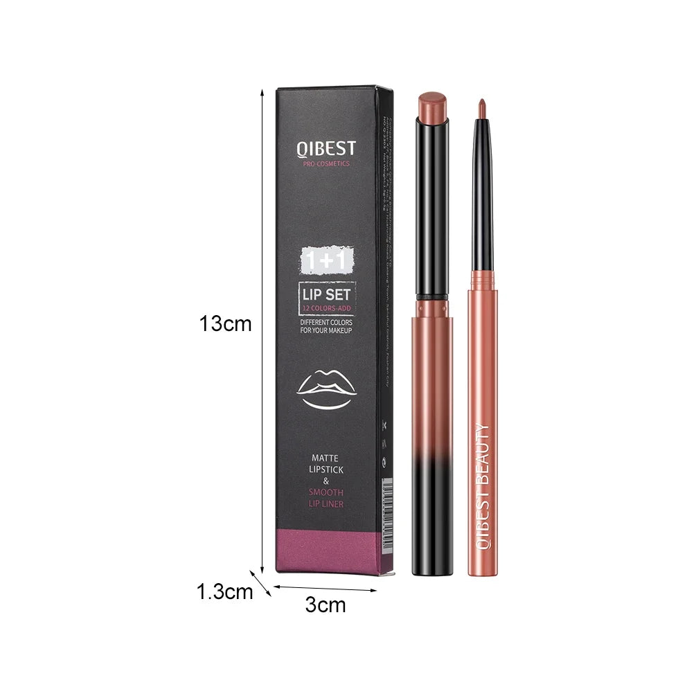 QiBest 12-Color Matte Lipstick & Lip Liner Combo – Waterproof
