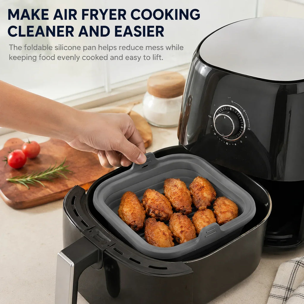 Foldable Silicone Air Fryer Basket with Lid | Reusable Baking Pan