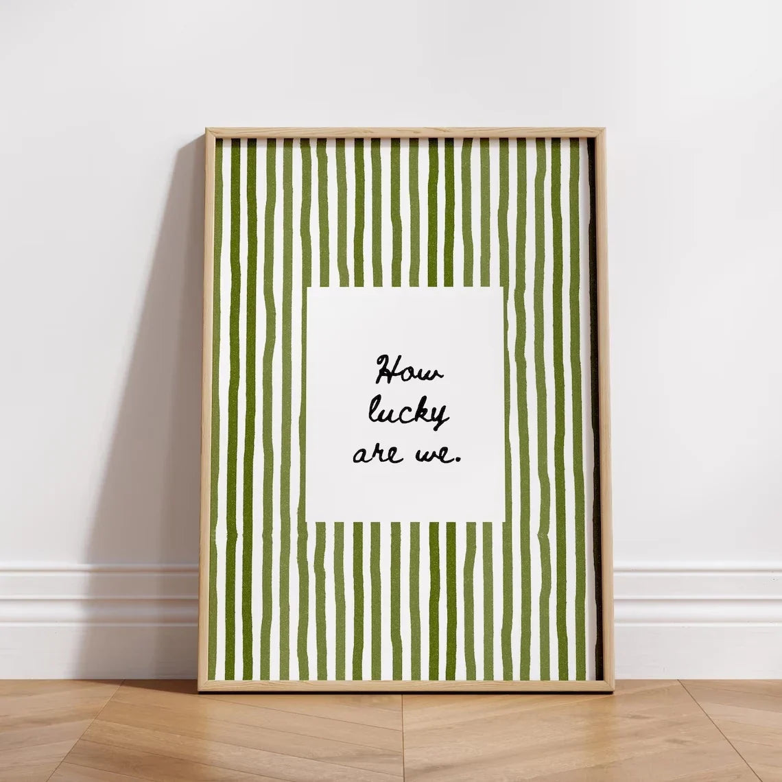 "How Lucky Are We" Olive Green Striped Canvas Wall Art Print