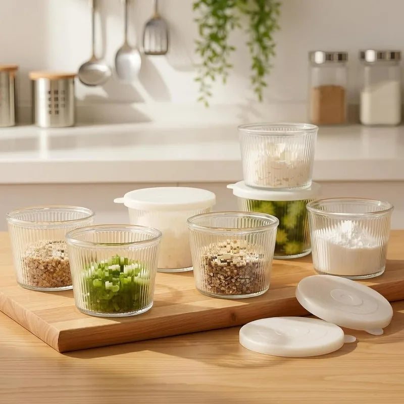 KEMORELA Glass Bowls with Lids – Stackable Striped Set