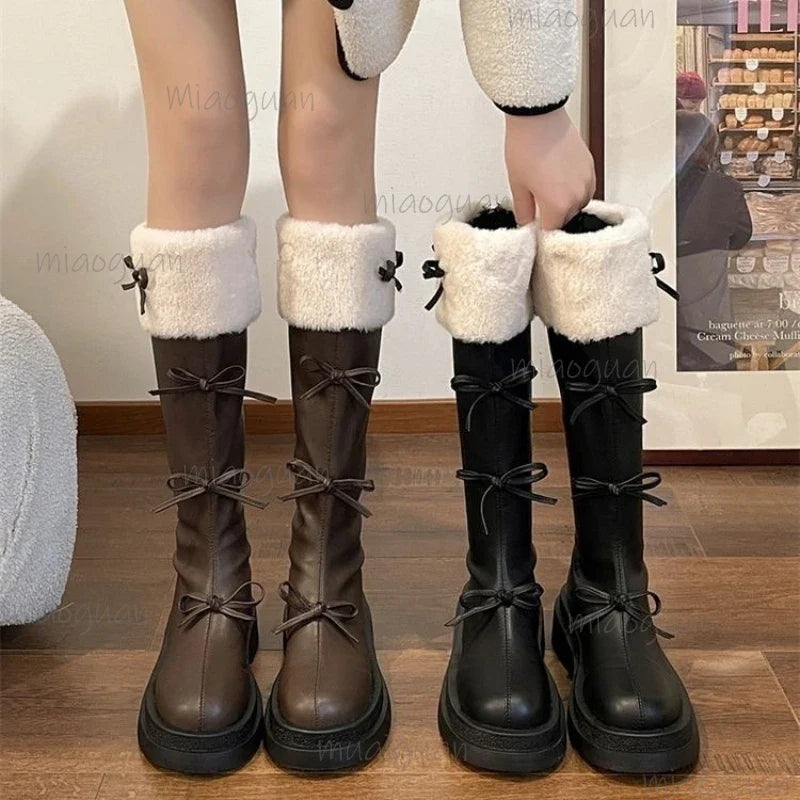 Women's Mid-Calf Zip Boots – Butterfly-Knot PU Leather Booties