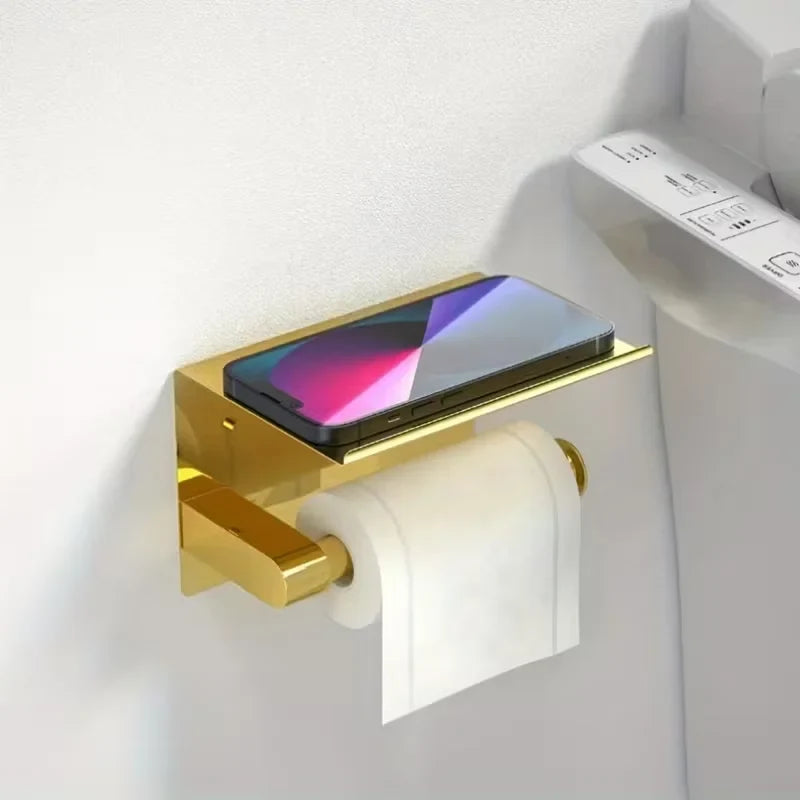 Golden Toilet Paper Holder with Phone Shelf | No-Drill Mount