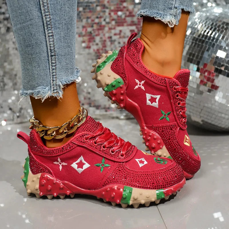MCDV Women's Embroidery Crystal Sneakers Anti-Slip Lace-Up