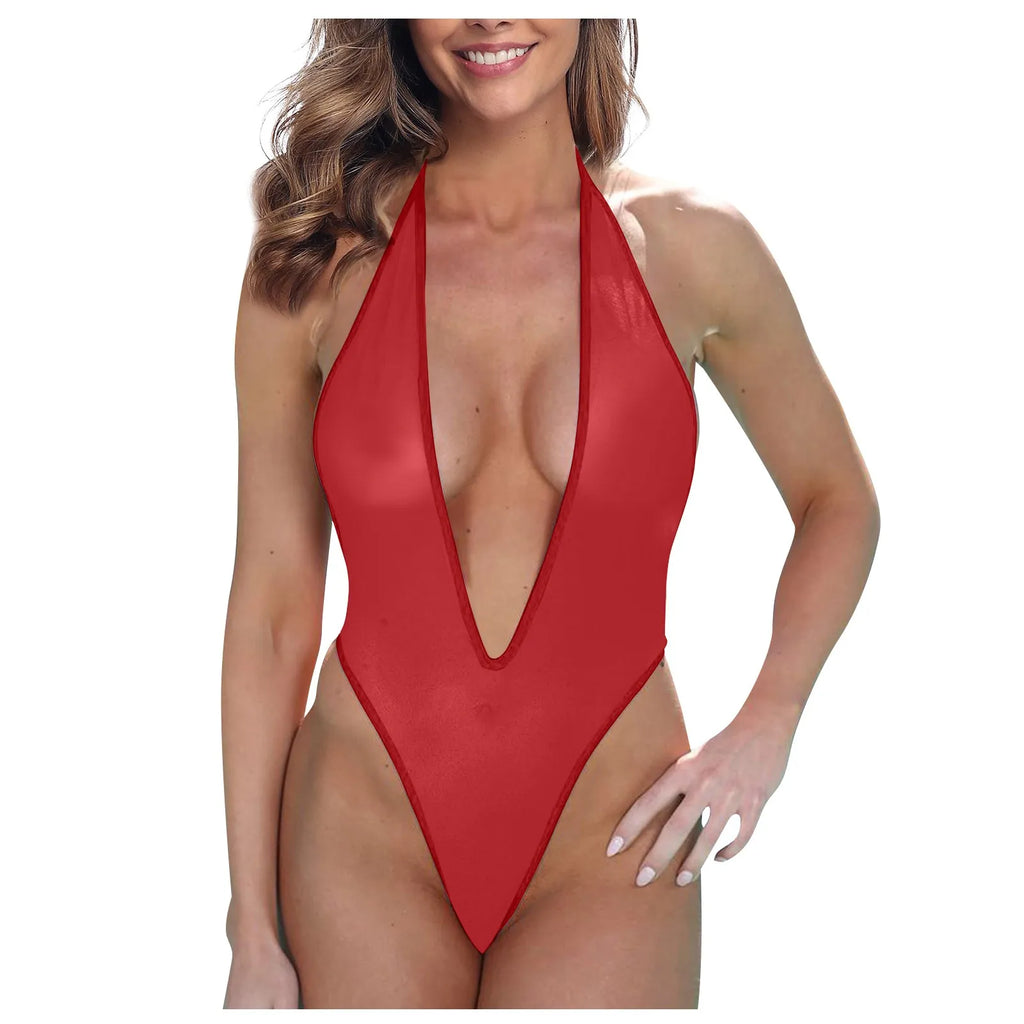 Women's Deep V Lace Bodysuit | Backless Halter One-Piece