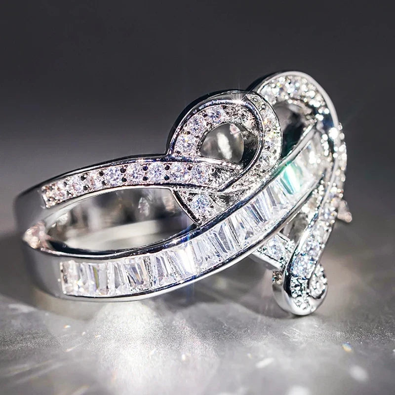 Huitan Heart Cross Ring – Cubic Zirconia Wedding Band Women