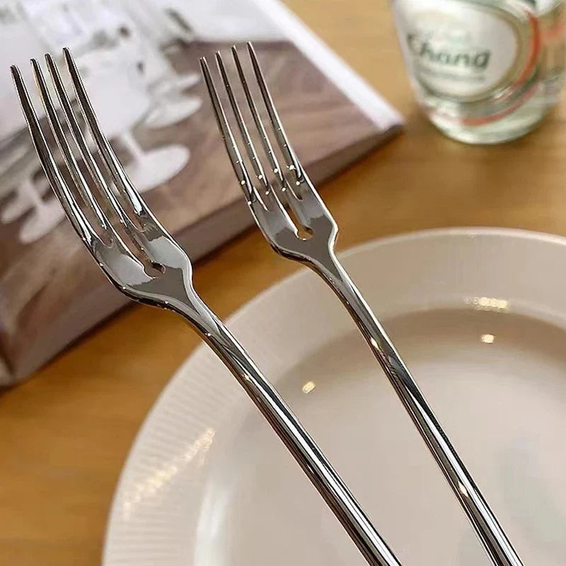 5 Long Handle Stainless Steel Dinner Fork Korean Cutlery Four Tine