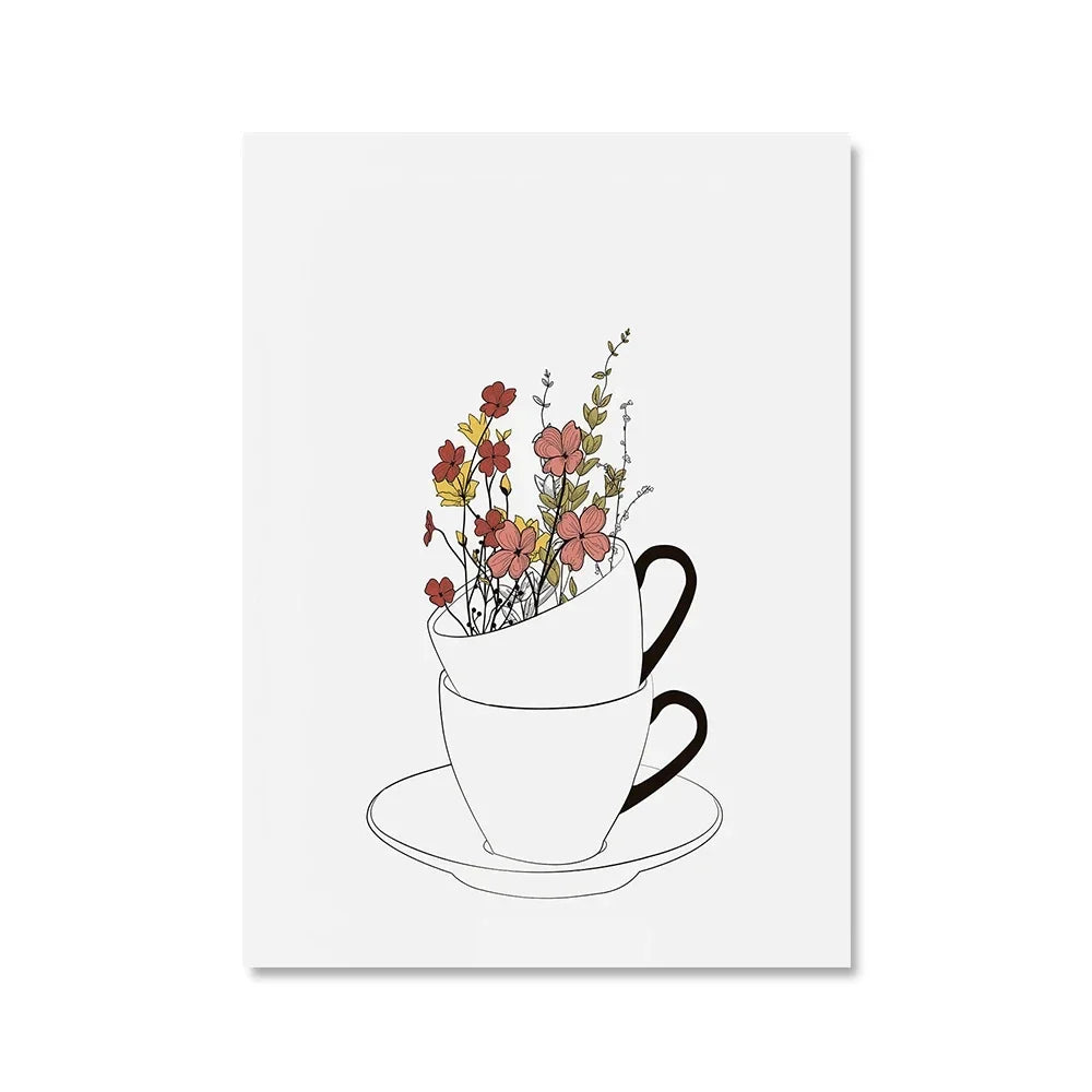 Coffee Lover Canvas Wall Art | Nordic Floral Cup Print Poster
