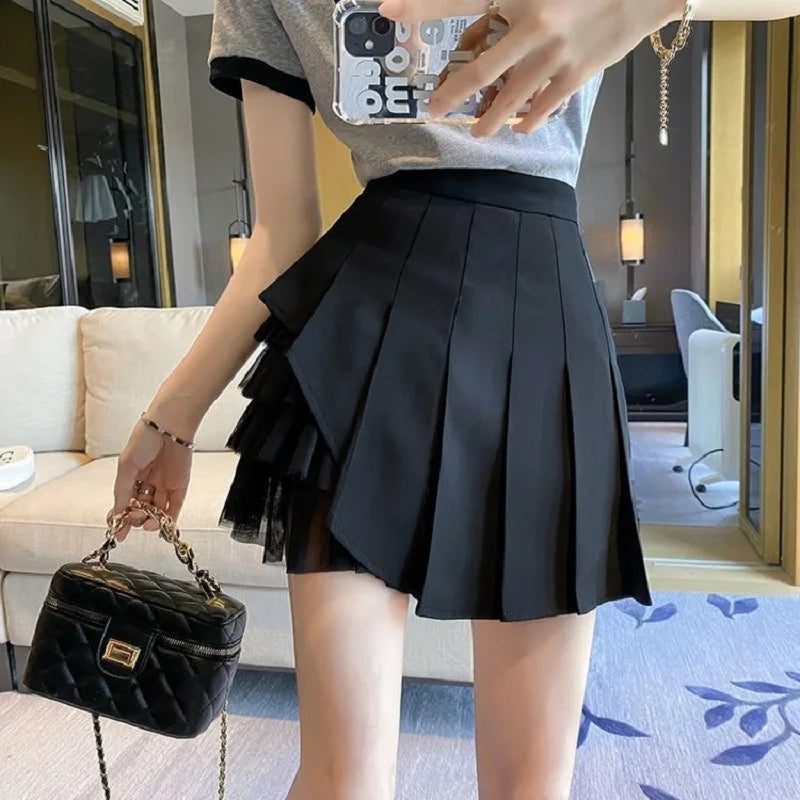 Women's Mesh Pleated A-Line Mini Skirt – High Waist Korean Style