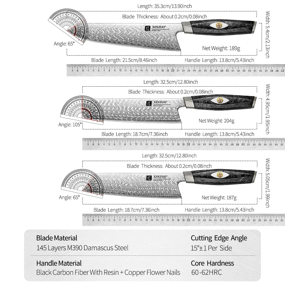 XINZUO Damascus Knife Set 2–7 PC | 145-Layer M390 Steel & Carbon Fiber