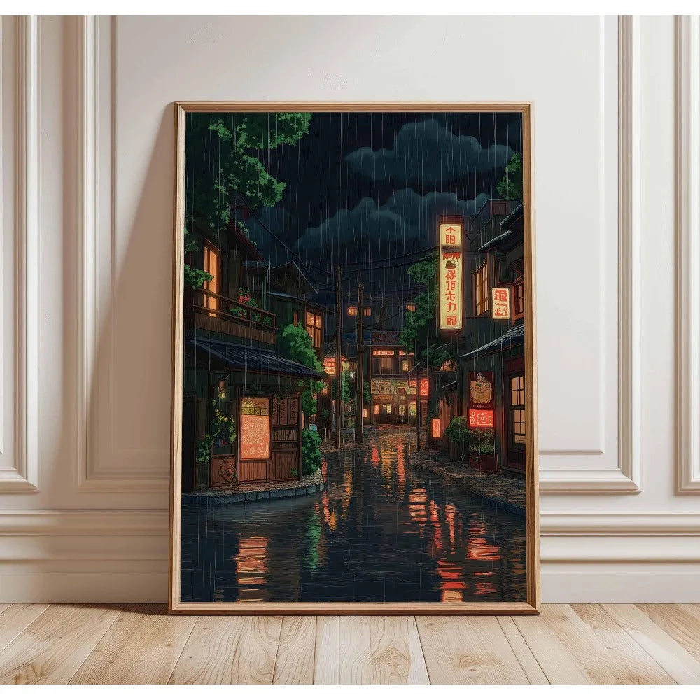 Retro Japanese City Rain Canvas Wall Art Poster | Frameless