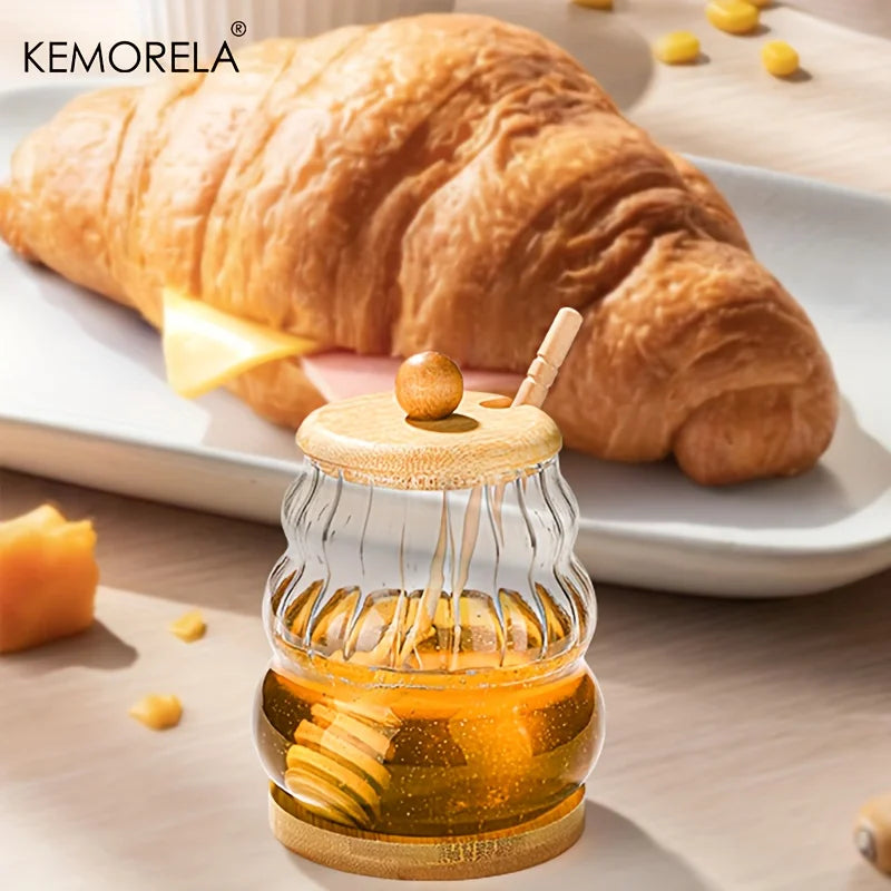 KEMORELA Glass Honey Jar with Wooden Spoon & Lid – 330/450ML