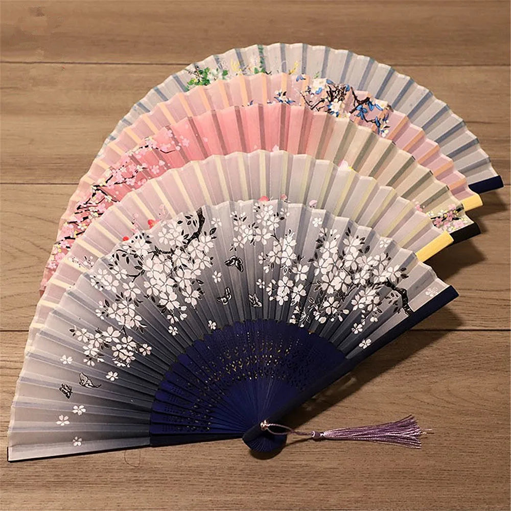 Chinese Engraved Folding Hand Fan Wooden Shank Classical Dance Tassel