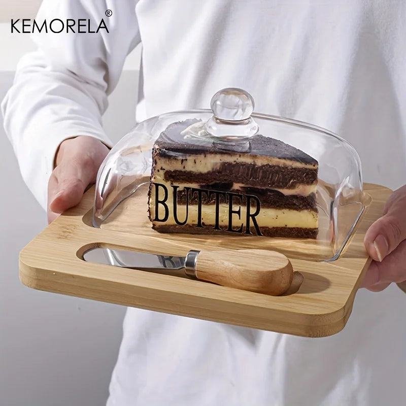 KEMORELA Wood Butter Dish with Glass Lid & Knife | Cheese Plate