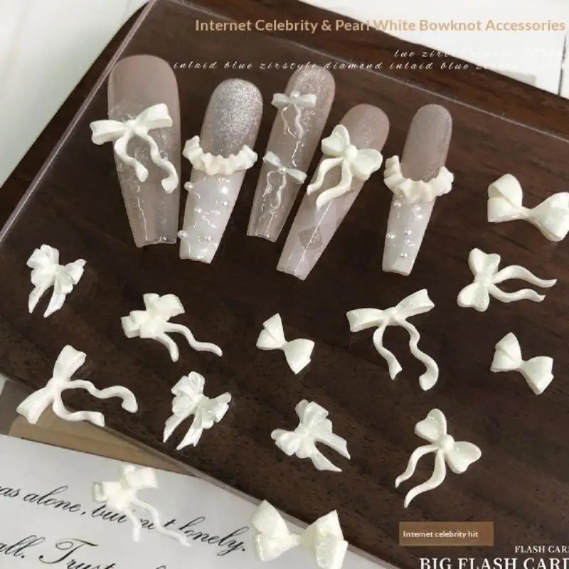 30Pcs Pearlescent White Resin Bow Nail Charms | DIY Nail Art
