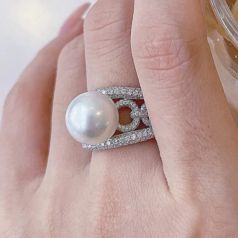 Huitan Simulated Pearl & CZ Wedding Band Ring for Women