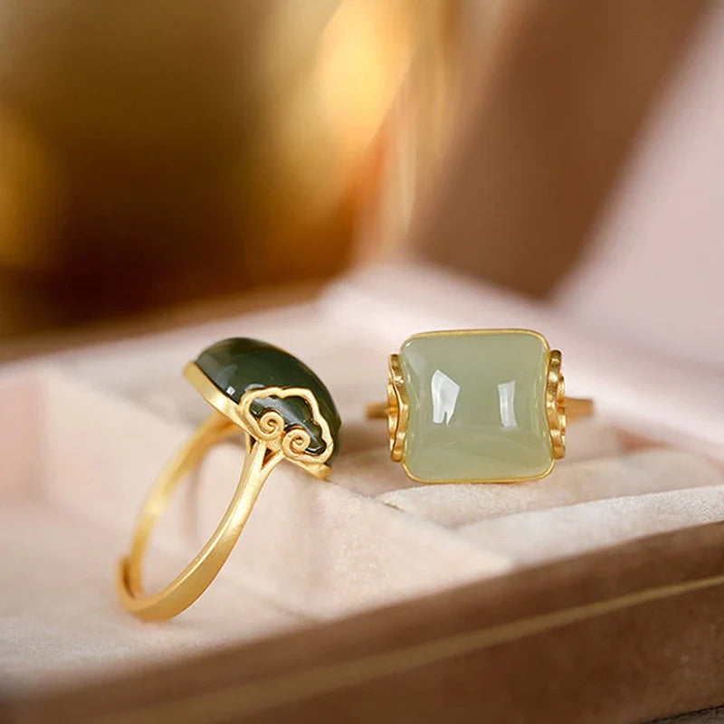 Vintage Auspicious Clouds Imitation Jade Adjustable Ring Women