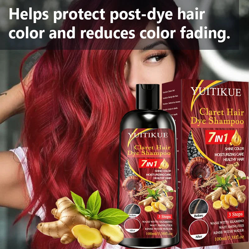 YUITIKUE Claret Color Shampoo – 7-in-1 Hair Dye & Shine
