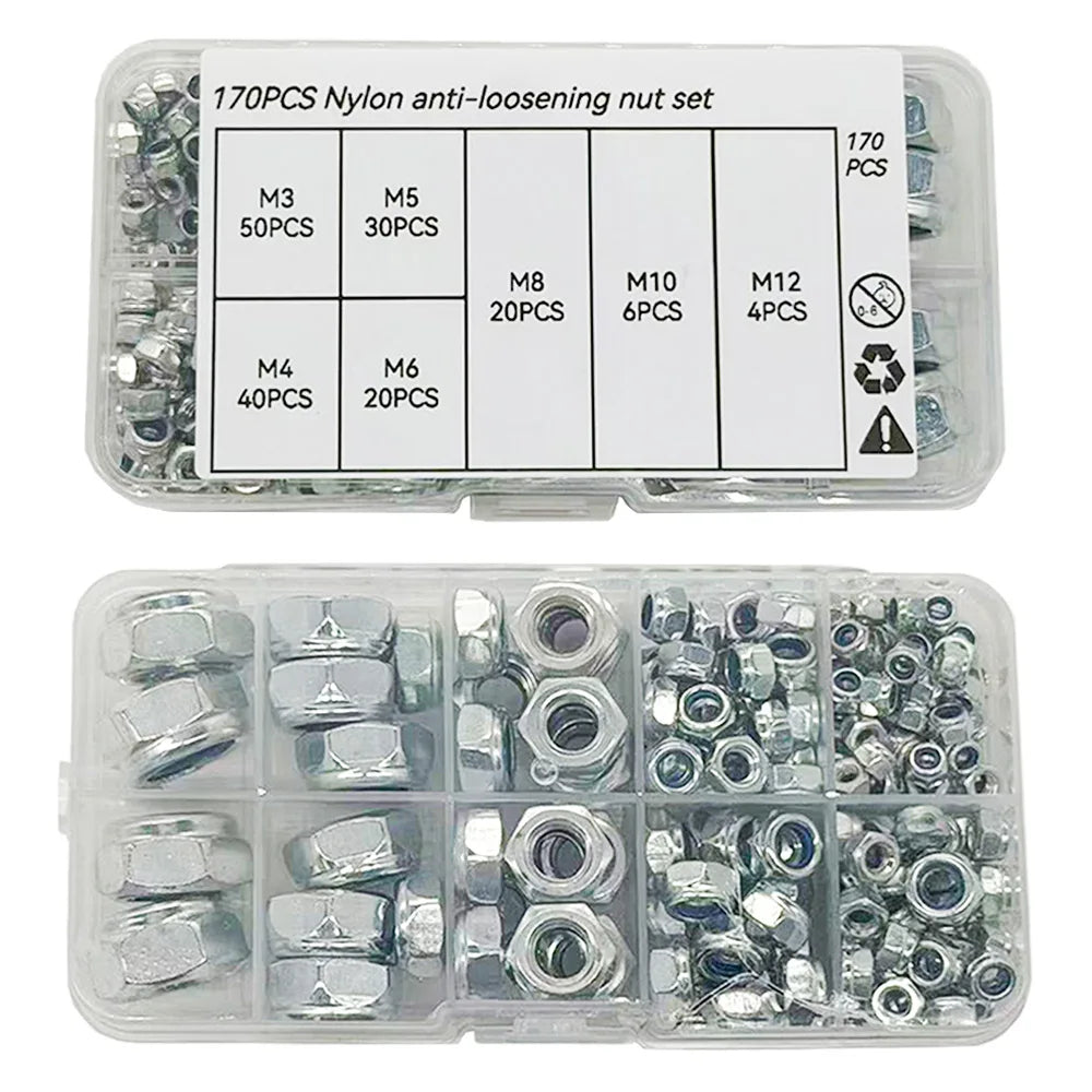 170-Piece Hex Nylon Insert Lock Nut Kit M3 M4 M5 M6 M8 M10 M12
