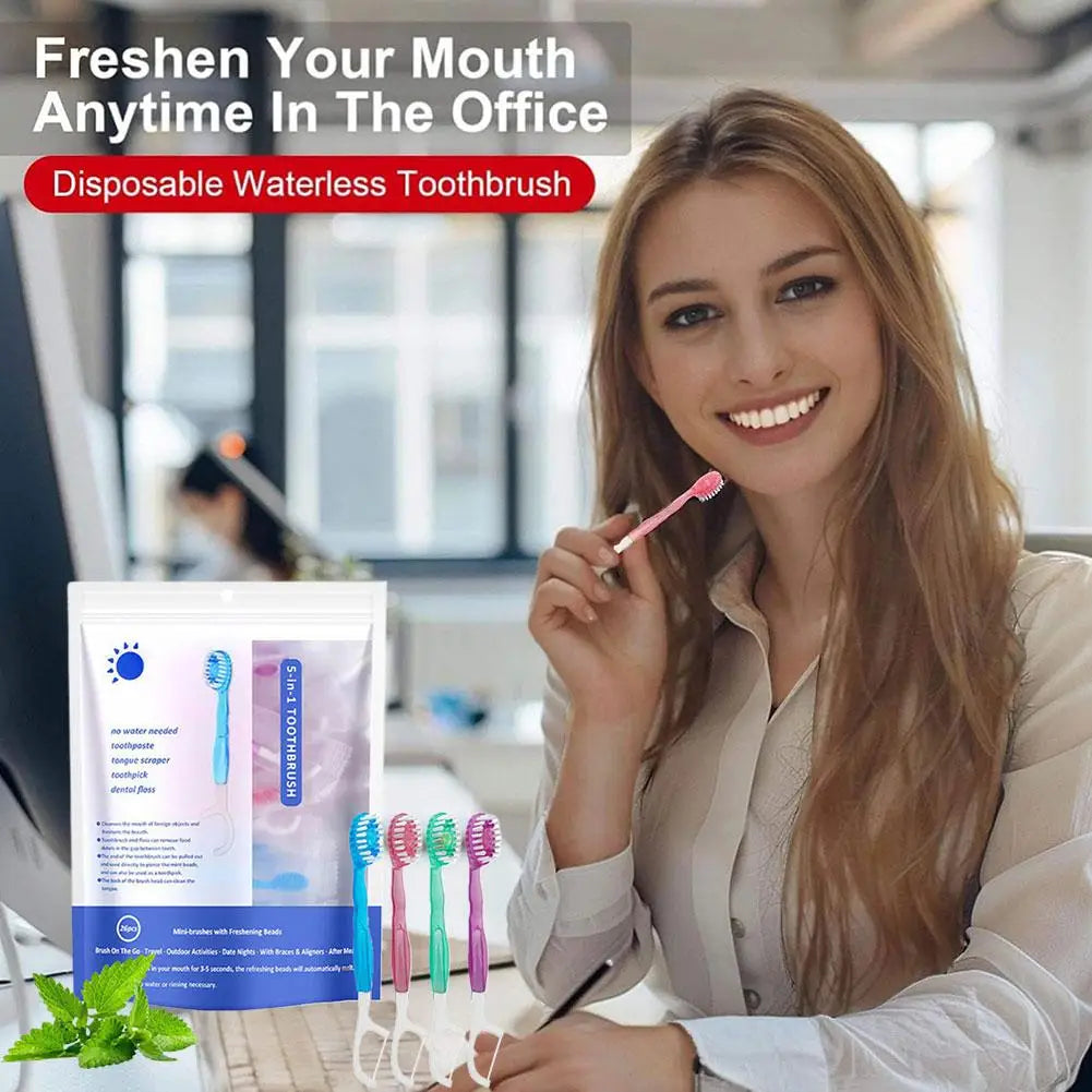 5-in-1 Disposable Travel Toothbrush with Toothpaste & Floss