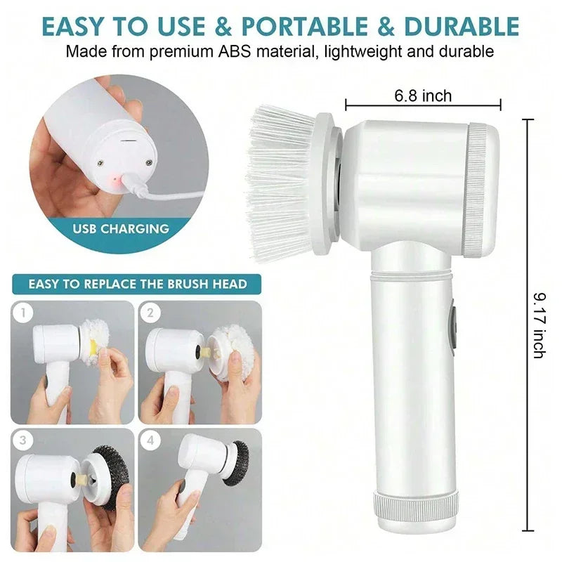 5-in-1 Electric Spin Scrubber with 5 Replaceable Brush Heads