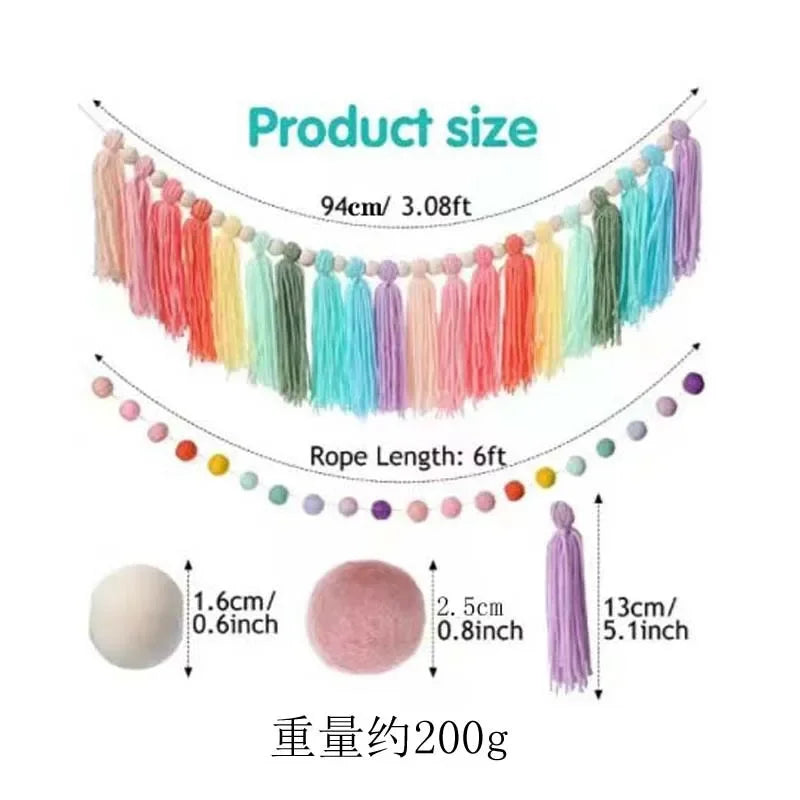 Rainbow Tassel Garland Colorful Pom Wood Bead Easter Spring Girls