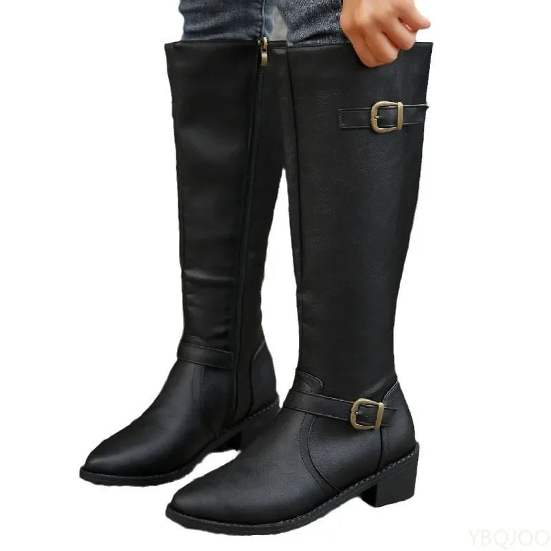 Women's Retro Pleated Buckle Knee-High Boots | Thick Heel
