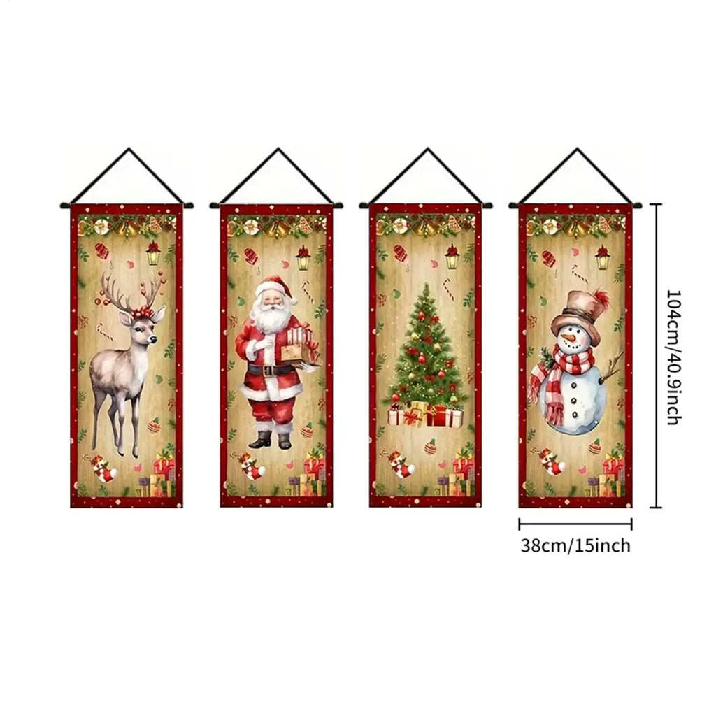 Christmas Banner 4-Piece Set – Santa Snowman Elk Porch Sign
