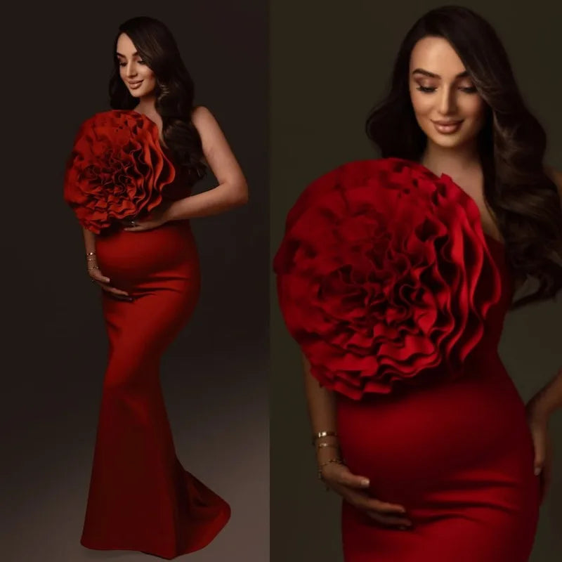 Red Maternity Photoshoot Dress | Custom Floral Bodycon Gown