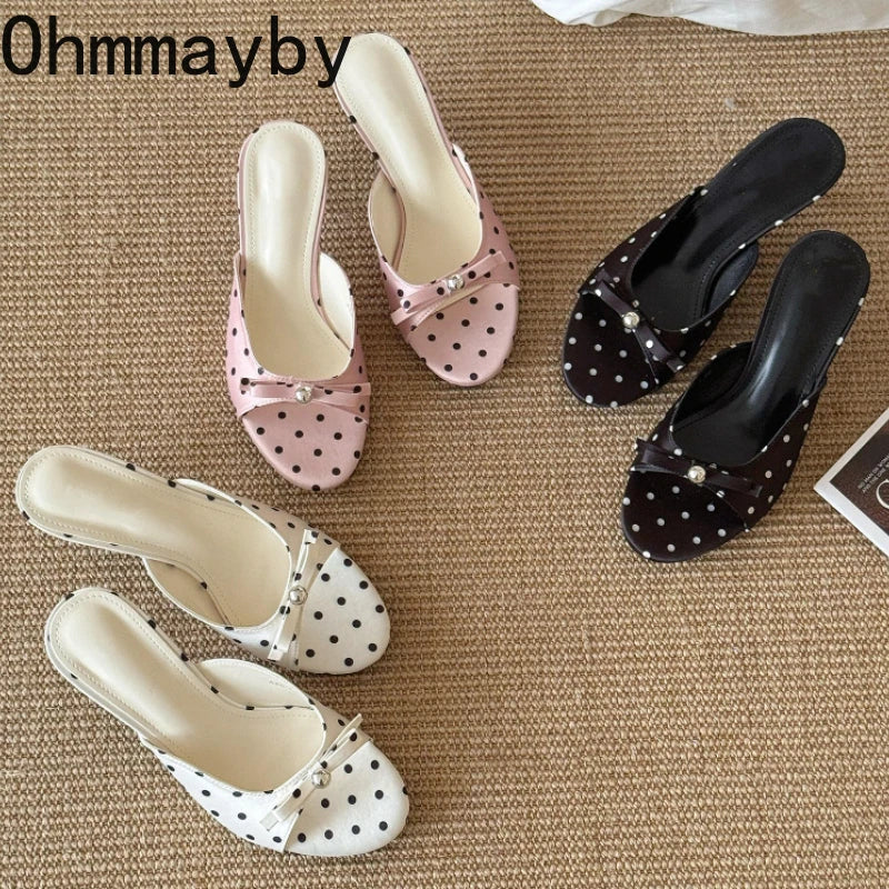 Women's Open Toe Thin Heel Mule Slides | Polka Dot Summer