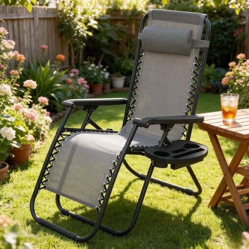 Folding Outdoor Lounge Chair with Cup Holder & Headrest