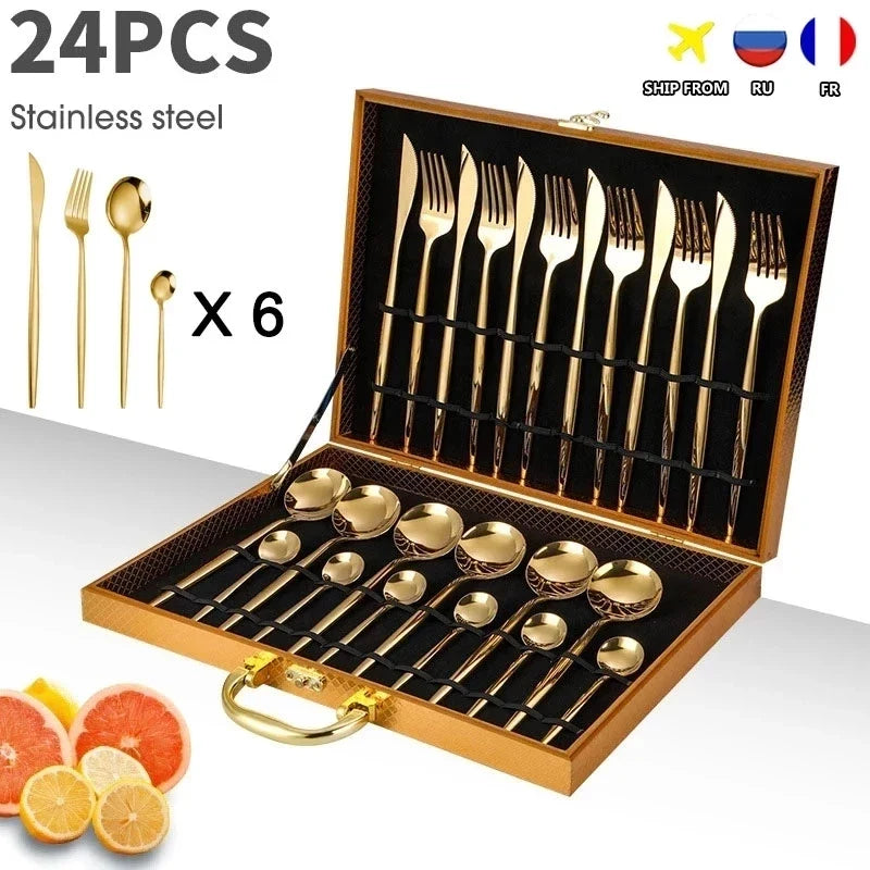 24-Piece Gold Stainless Steel Cutlery Set for 6 | Gift Box