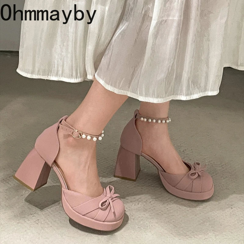 Women's Platform Mary Jane Pumps | Pearl Buckle Bow Heels