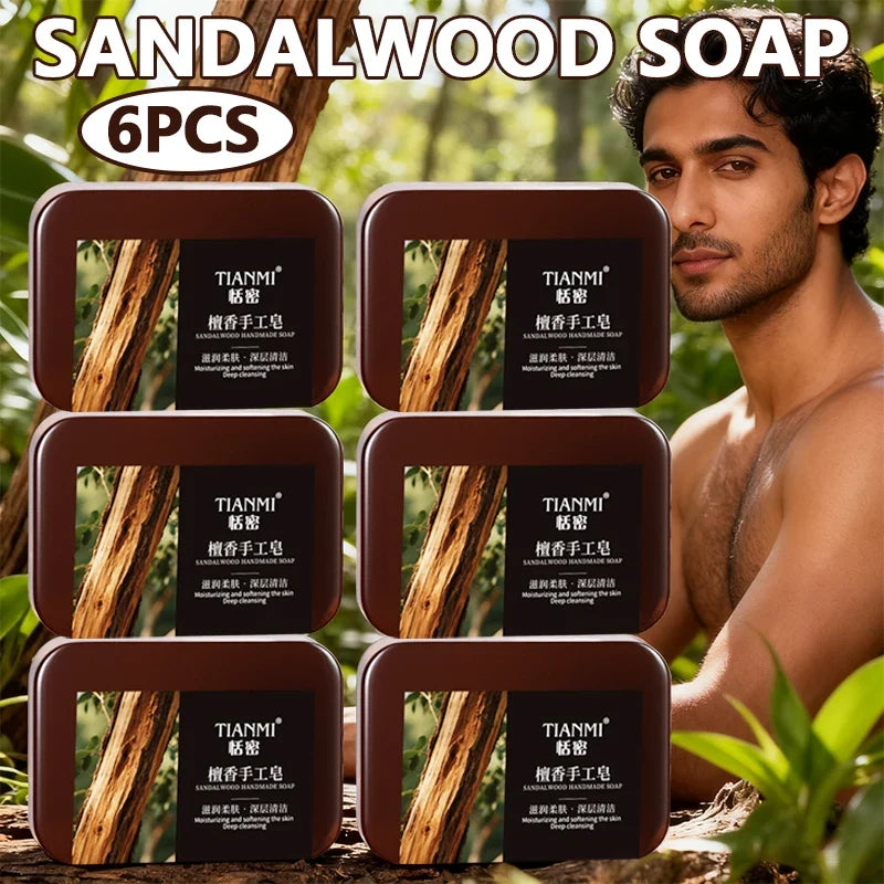 6-Pack Men's Sandalwood Handmade Soap – 3-in-1 Bar Set