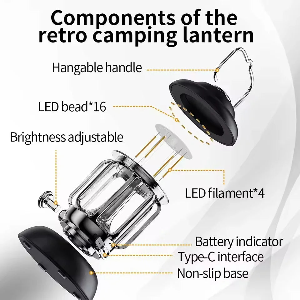 Outdoor Camping Lantern Portable USB Rechargeable Lamp Retro LED