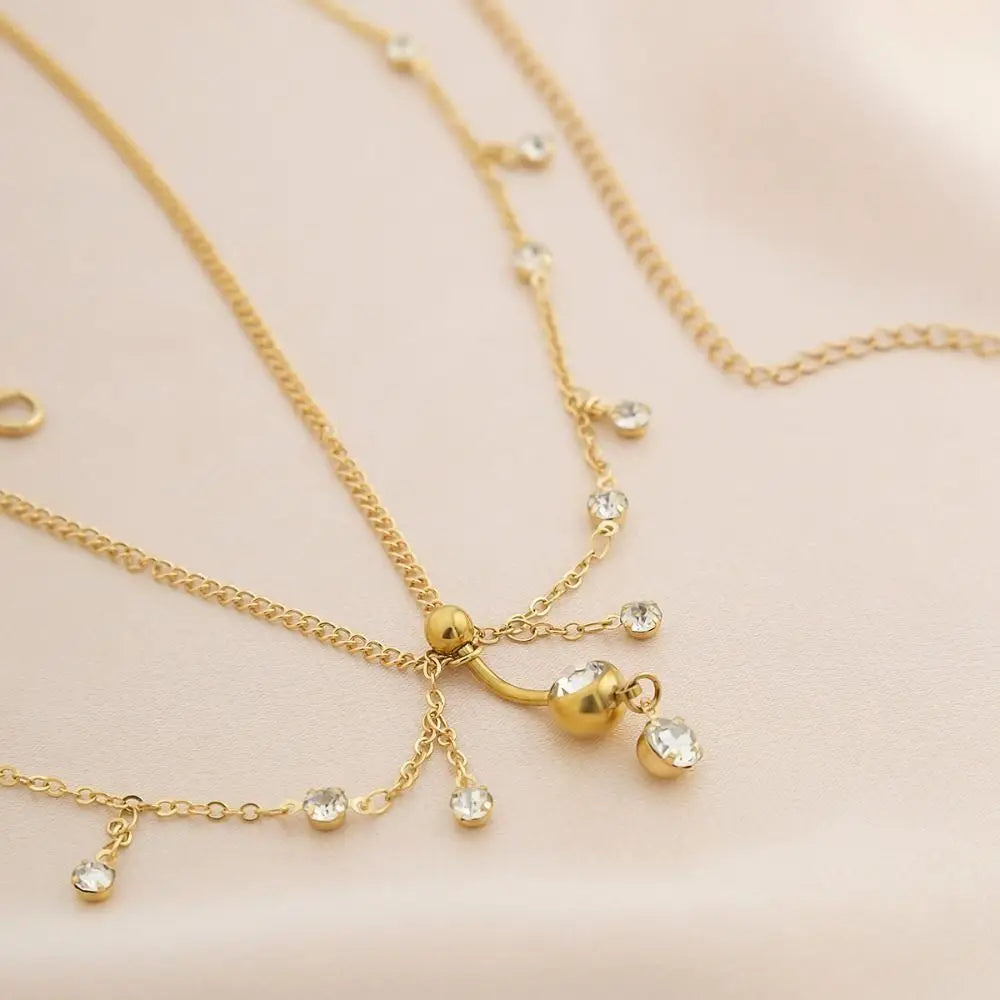 Boho Double Layer Belly Waist Chain – Zircon Tassel Gold Silver