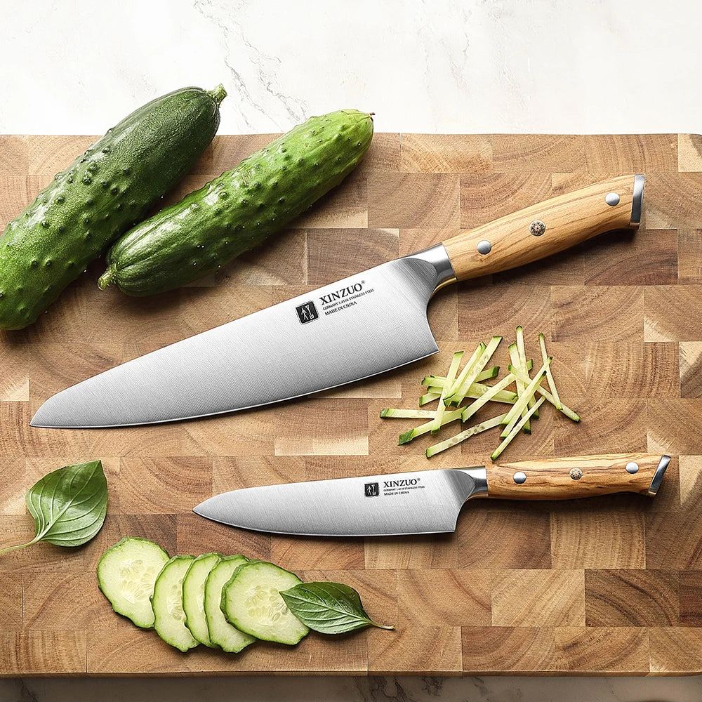 XINZUO German Steel Chef & Utility Knife Set – Olive Wood Handle