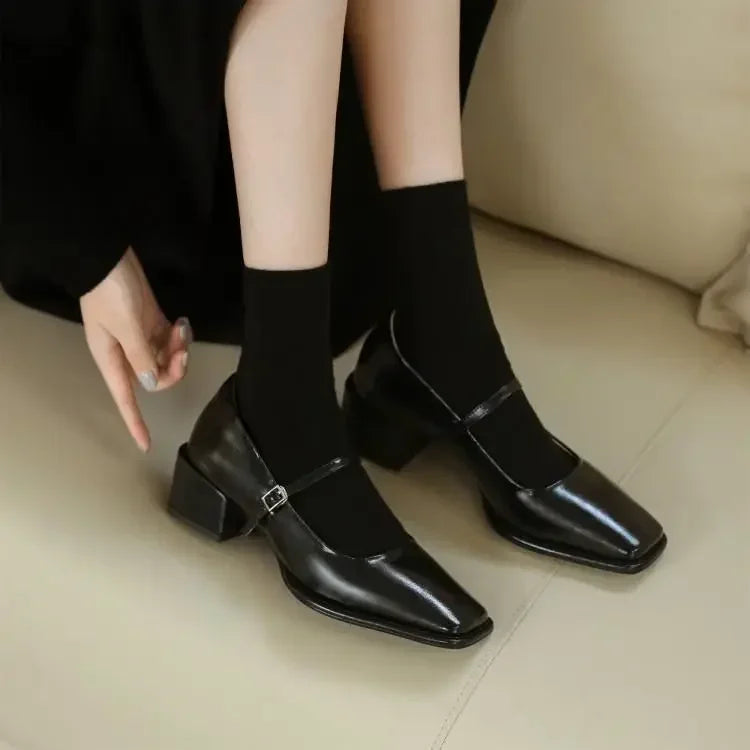 French Mary Jane Pumps – Square Toe Medium Heel Women's Shoes