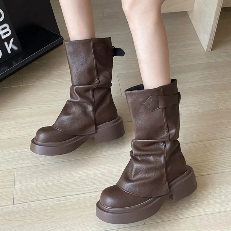 Women's Chunky Platform Mid-Calf Boots | Retro British Style