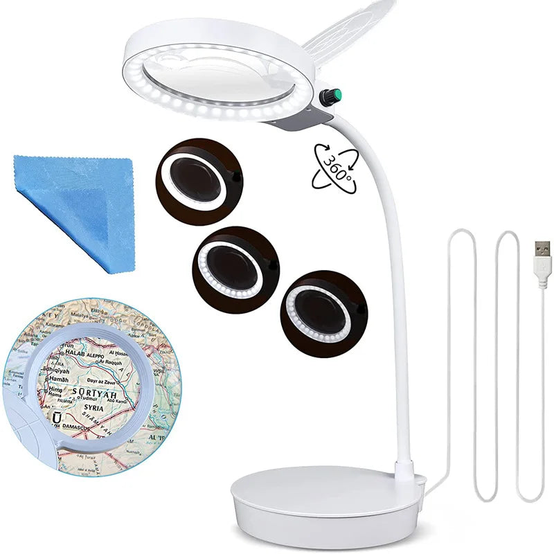 3X 10X LED Magnifying Glass Table Lamp – 36 LED USB Powered