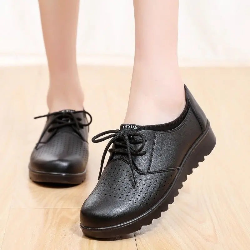 Women's Black Oxford Lace-Up Wedge Flats | Non-Slip Loafers
