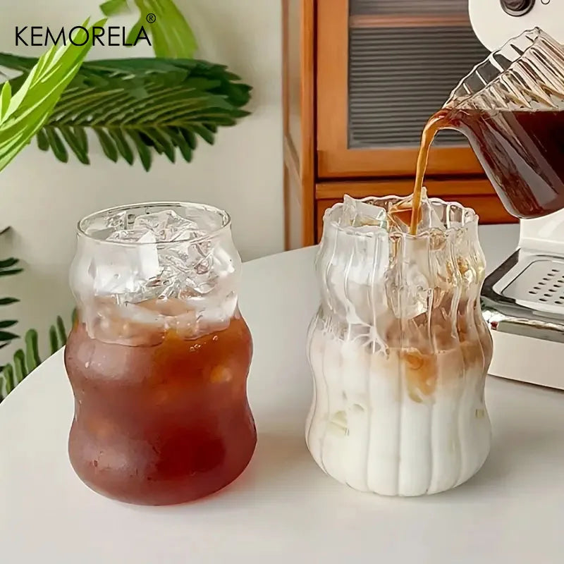 KEMORELA 500ml Heat-Resistant Striped Glass Tumbler Mug