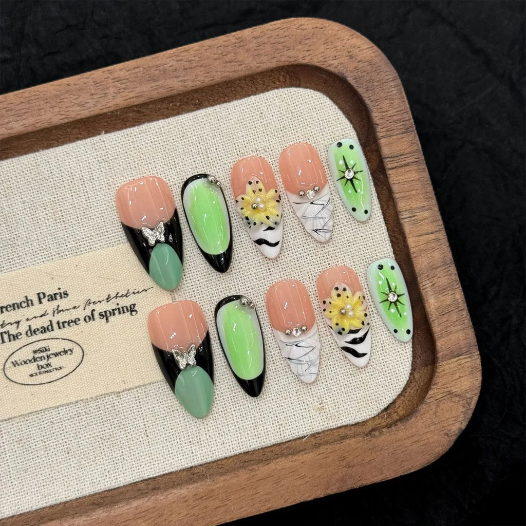 Handmade Press On Nails – 3D Flowers Cat's Eye Long False Tips