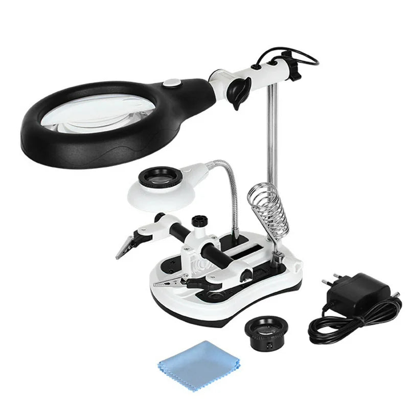 LED Desktop Magnifier & Third Hand Soldering Loupe with Clips